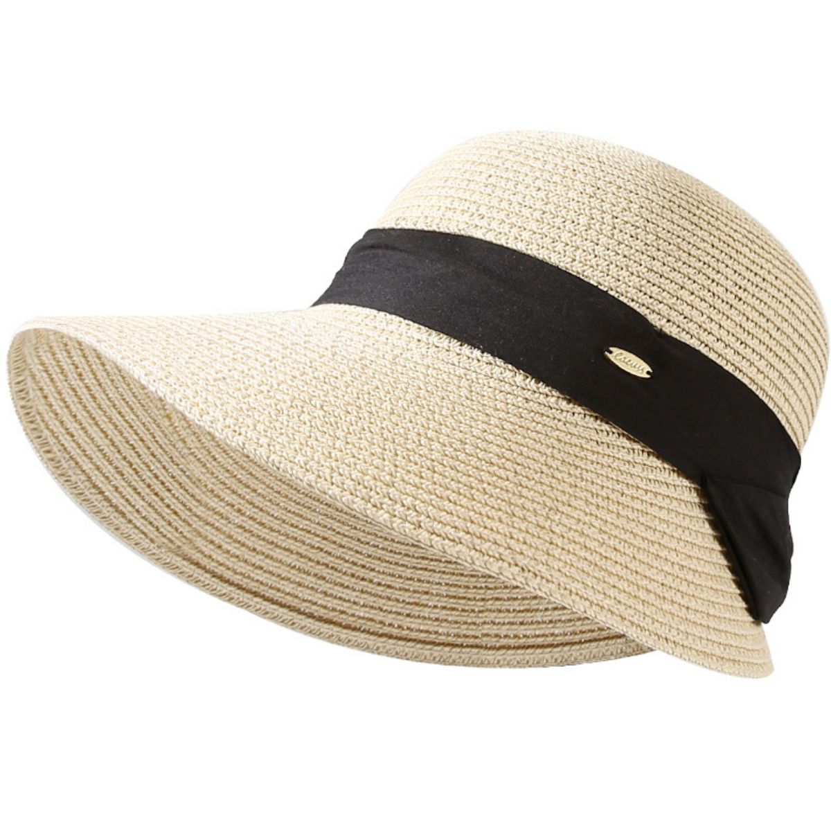 Beige woven straw wide brim sun hat with black ribbon band and accent.