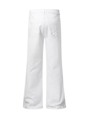 Men's white high-waisted flare leg trousers with back pockets.