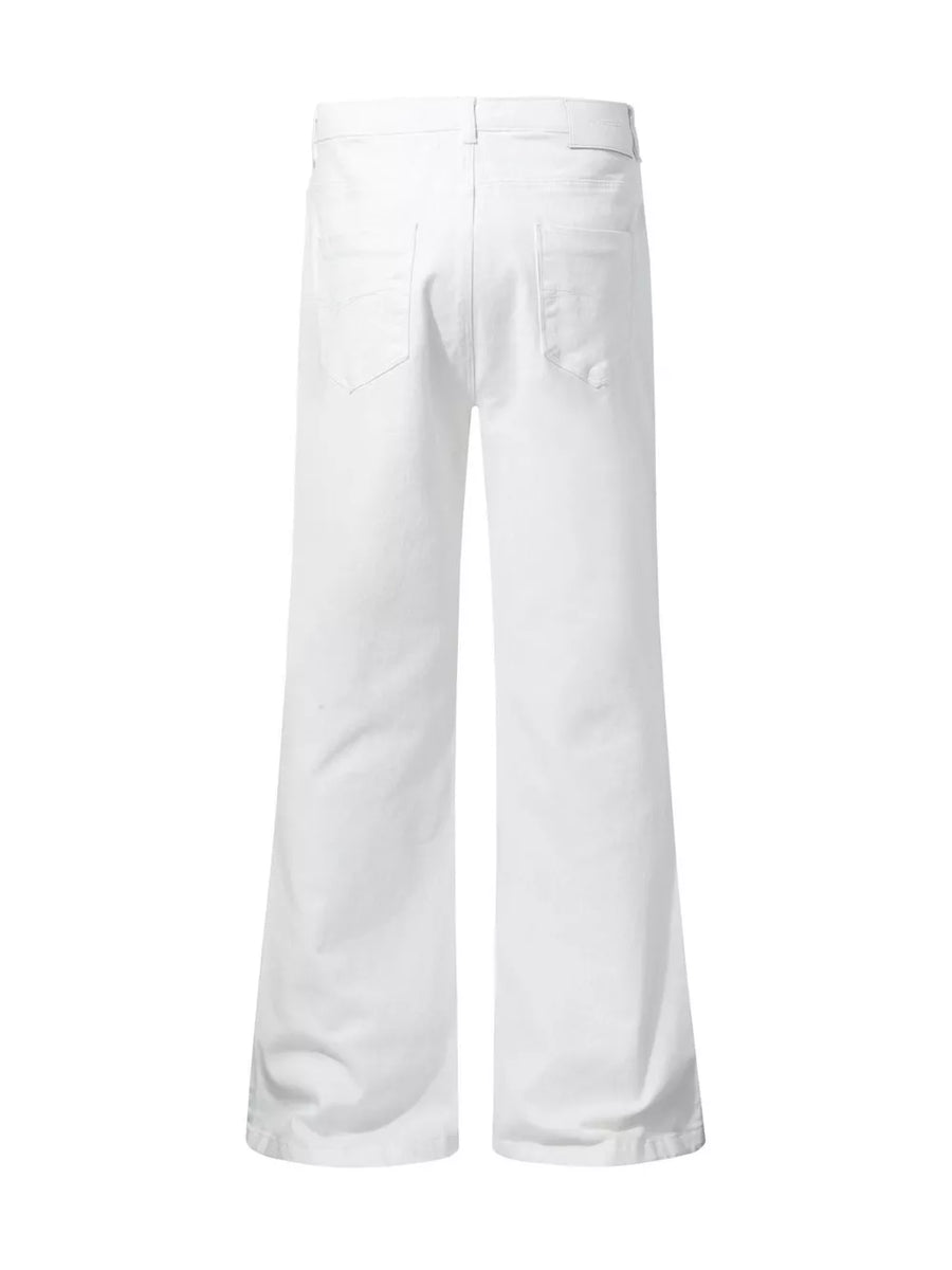 Men's white high-waisted flare leg trousers with back pockets.