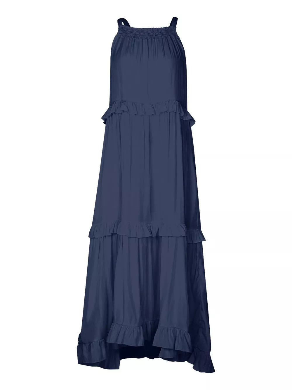Navy ruffled maxi dress with tiered skirt and smocked neckline