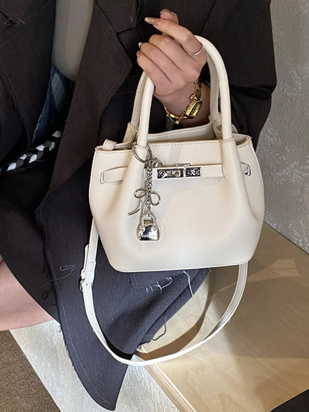 Leather Crossbody Bag With Lock Detail in White