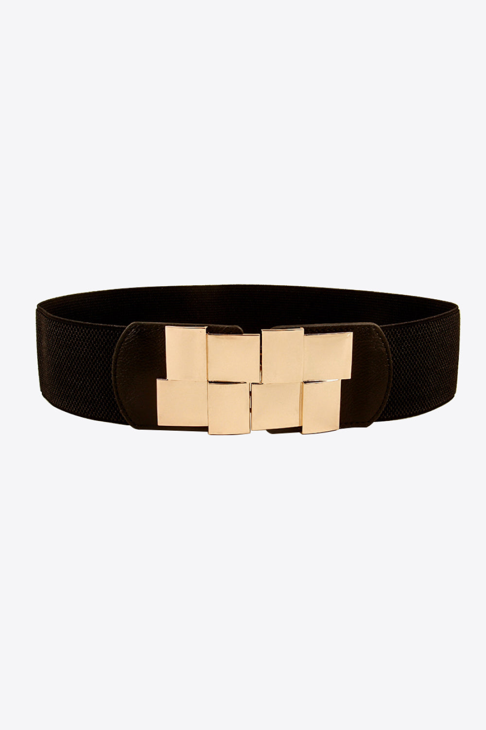 Black stretch belt with gold geometric buckle