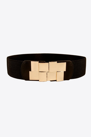 Black stretch belt with gold geometric buckle