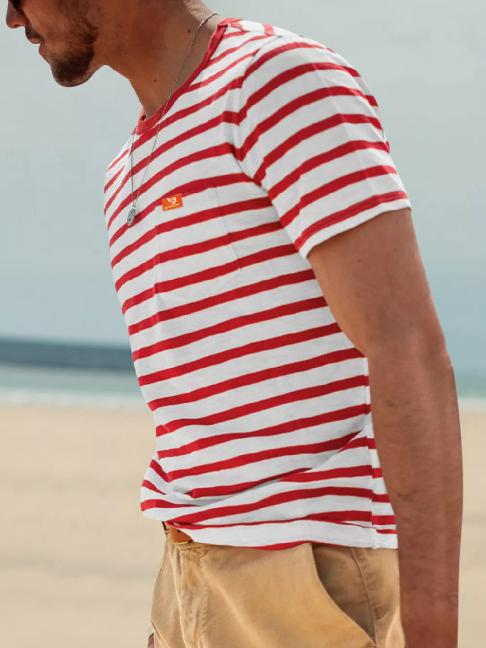 Red Men's Full Size Striped Pocket Short Sleeve T-shirt