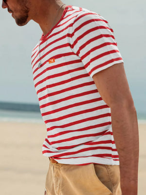 Red Men's Full Size Striped Pocket Short Sleeve T-shirt