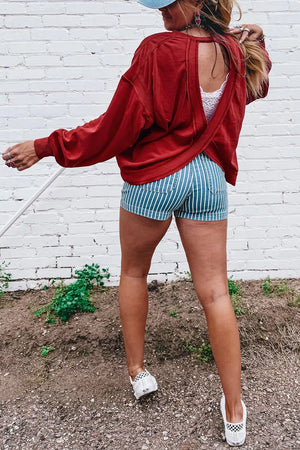 Ribbed Drop Shoulder Cutout Back Sweatshirt in Burgundy