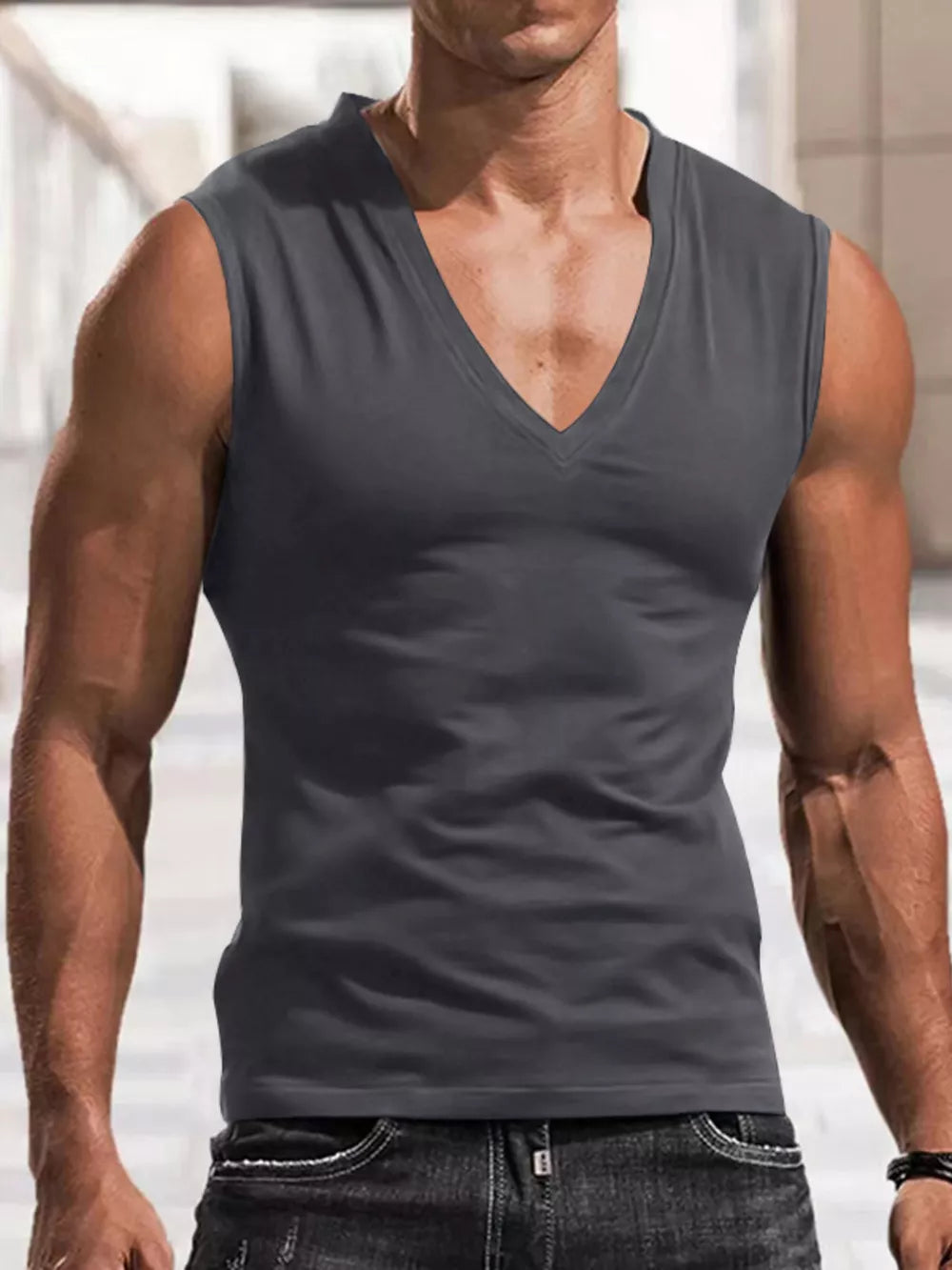 Royal Blue Men's Full Size V-neck Tank Top Plus Size