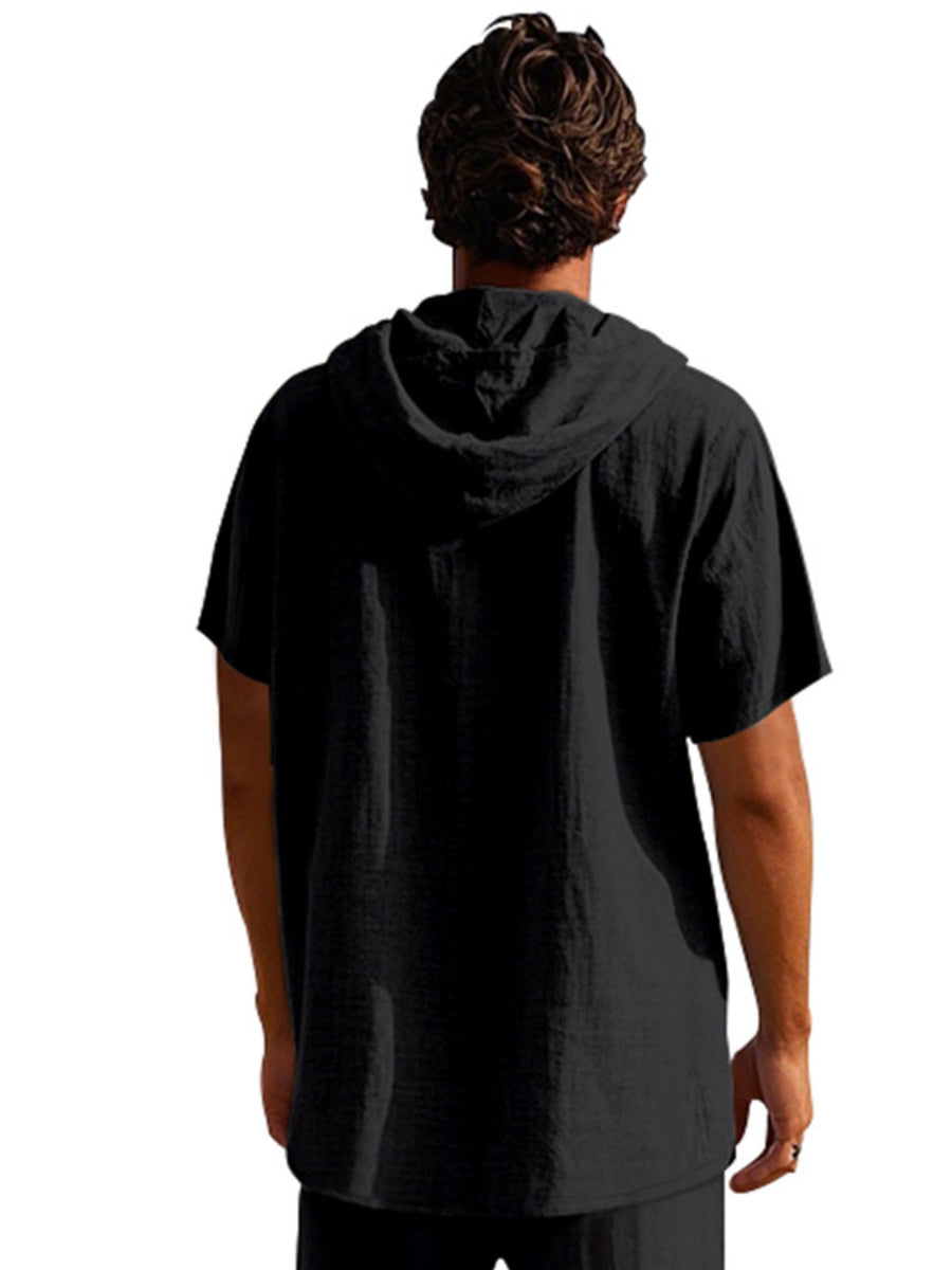 Black linen short sleeve hooded shirt
