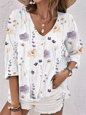 Gray button-down shirt with hip-length and button-front