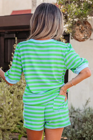 Striped green and blue waffle knit shorts with pockets and matching puff sleeve top.