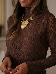 Mock Neck Sheer Lace Long Sleeve Top in Brown