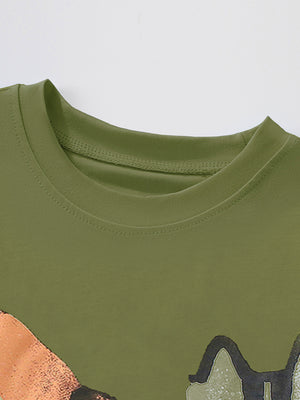 Green crew neck t-shirt with cartoon animal print detail.