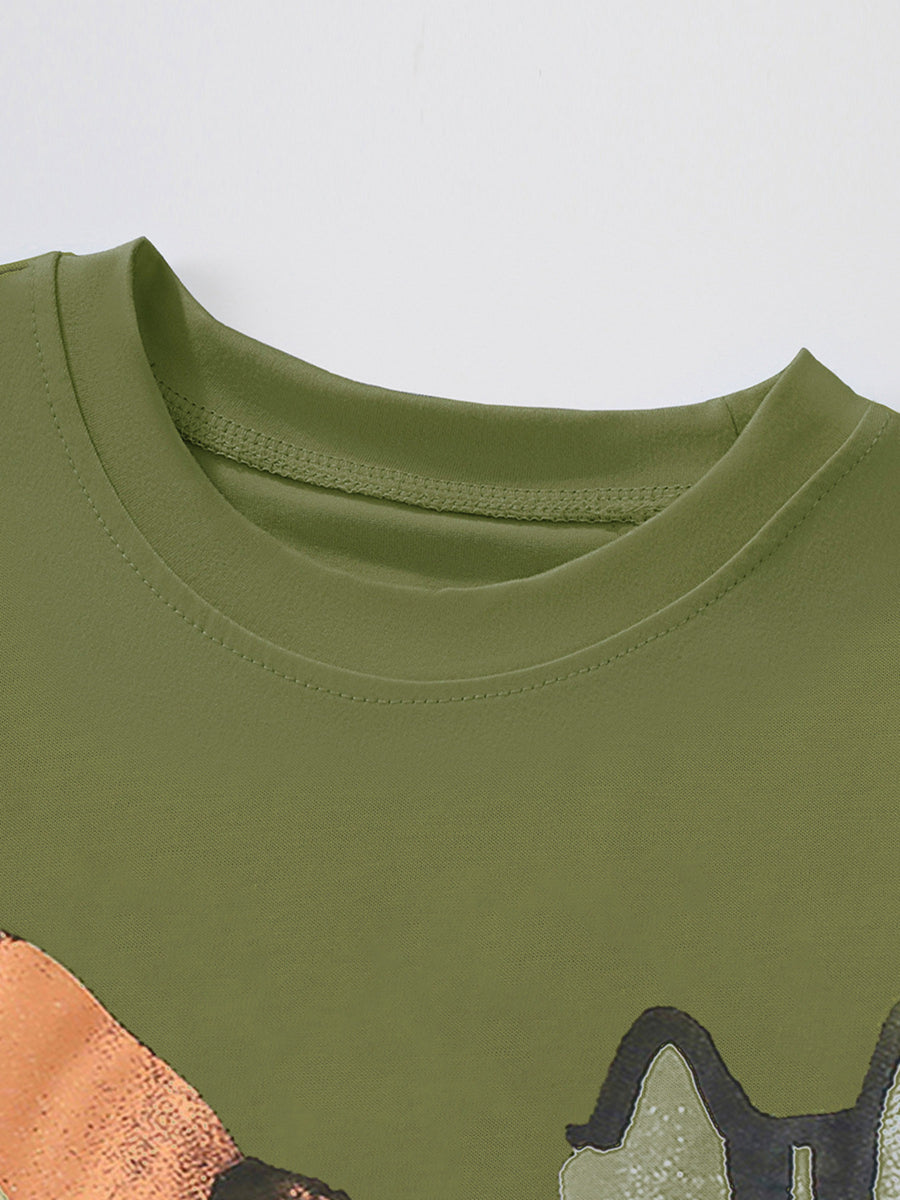 Green crew neck t-shirt with cartoon animal print detail.