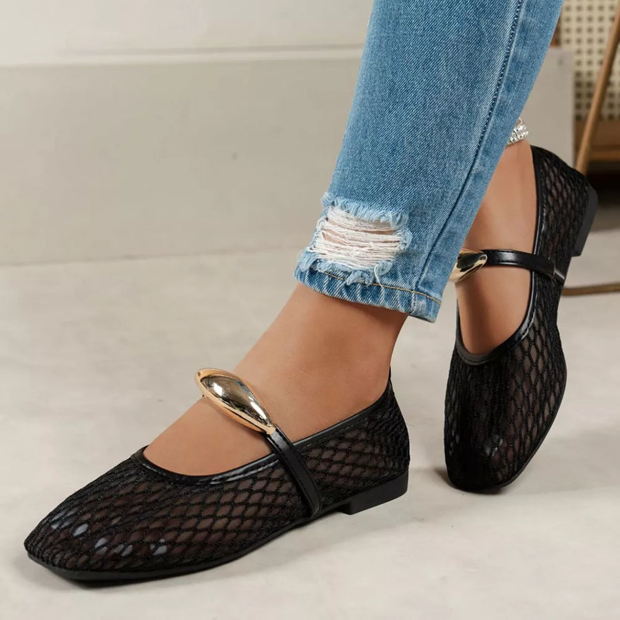 Beige Square Toe Mesh Slip-on Flats