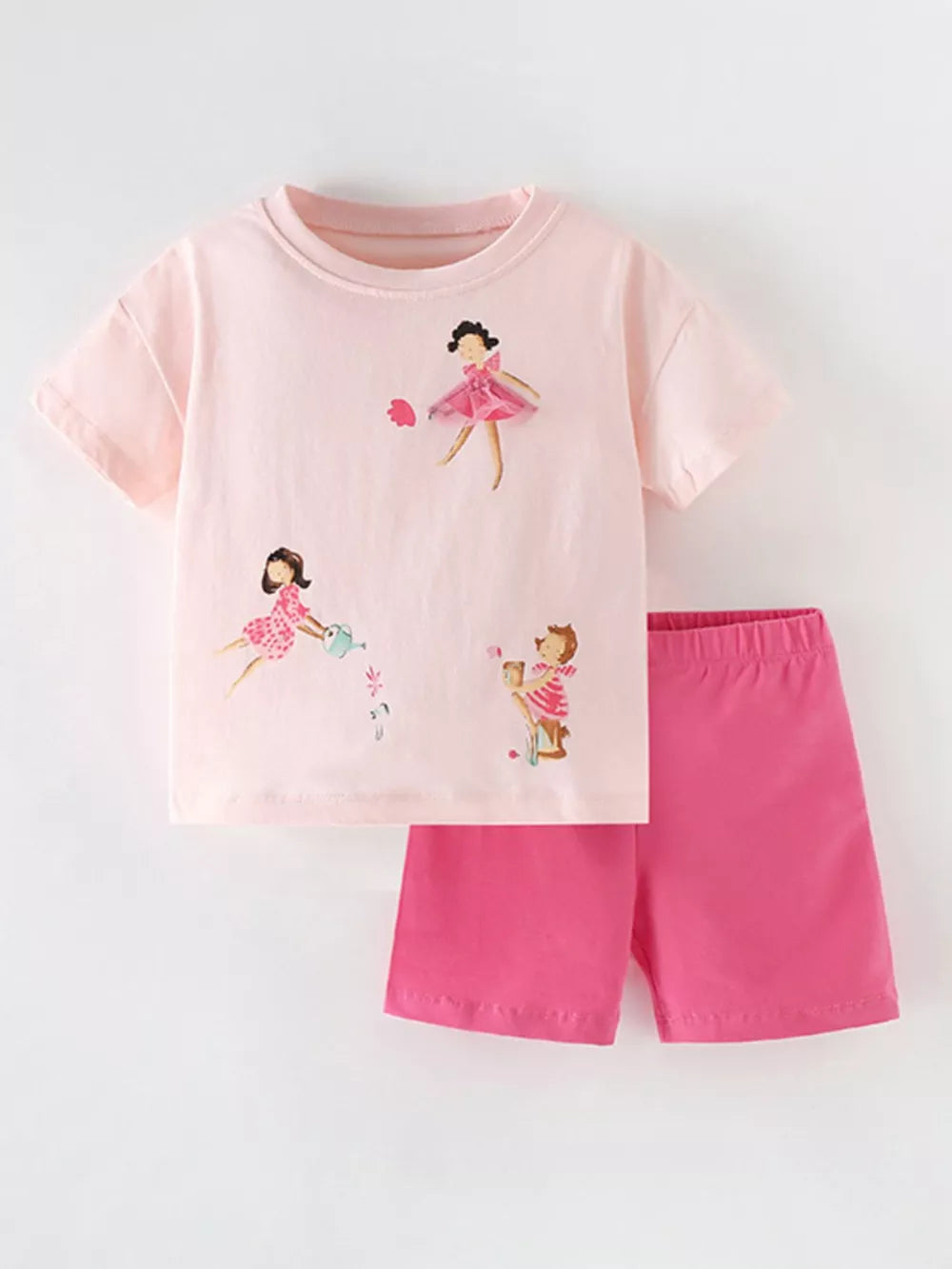 Pink cotton toddler tee with ballet dancer graphic and matching pink shorts.