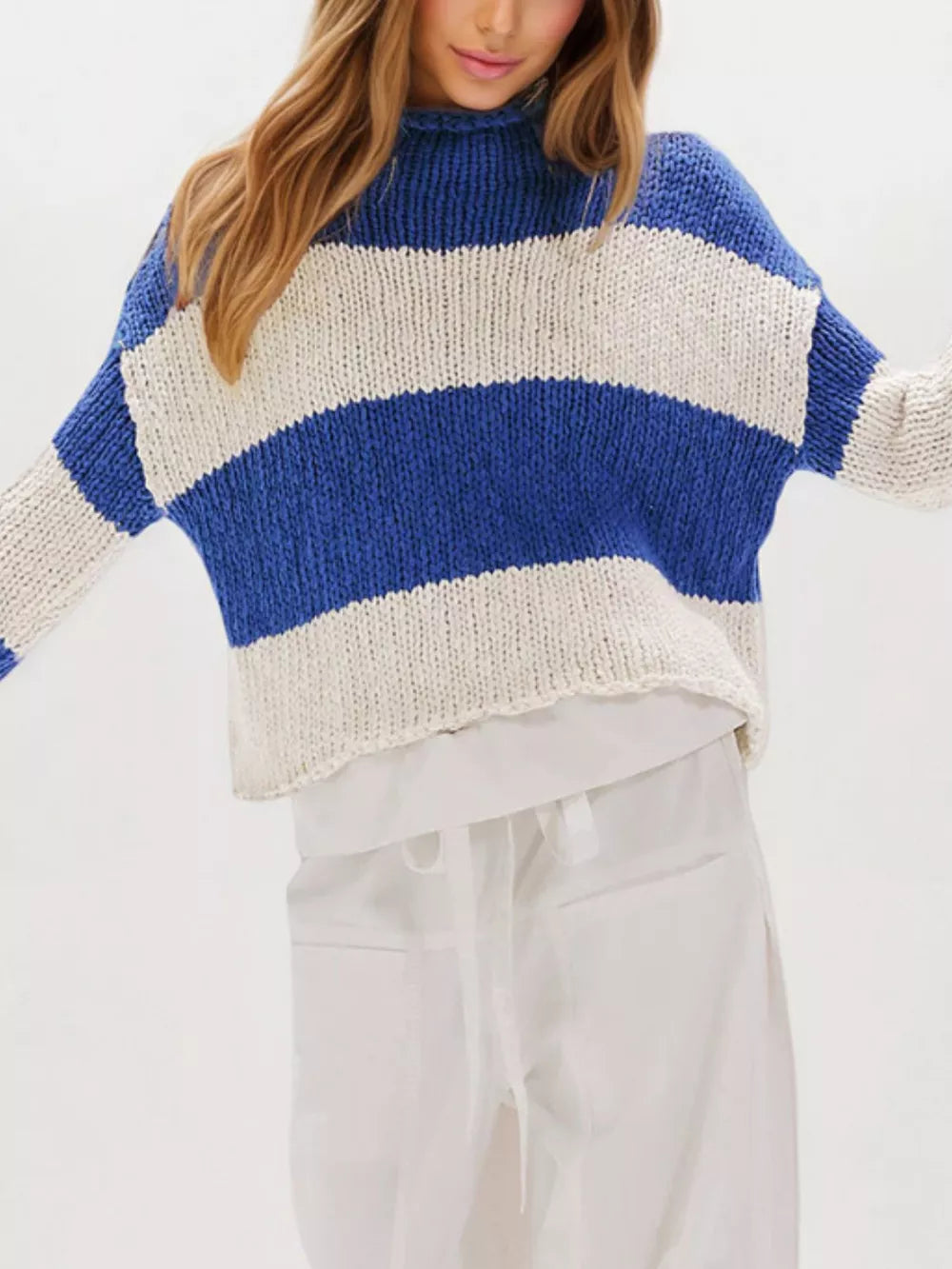 cream pullover sweater featuring Ribbed and striped