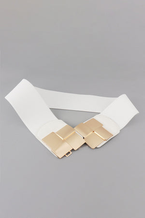 White stretch belt with gold geometric buckle detail