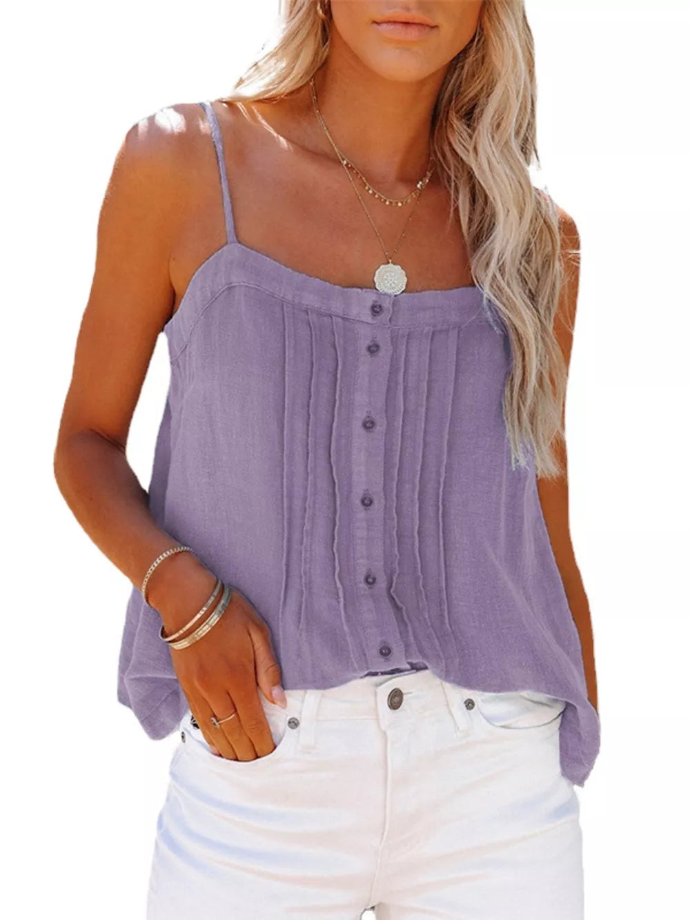Khaki Pleated Button-down Spaghetti Strap Cami