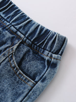 Toddler blue denim jeans with elastic waistband and pocket detail.