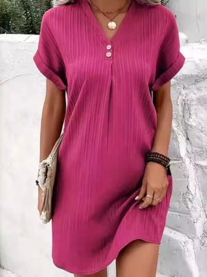 Full Size Casual V-neck Short Sleeve Dress in Deep Red