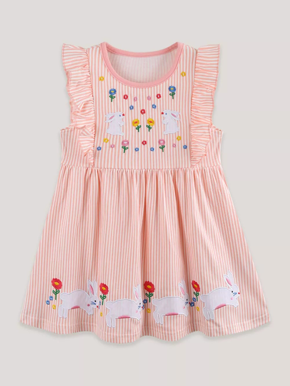 Pink striped cotton dress with embroidered bunnies and flowers, ruffle sleeves