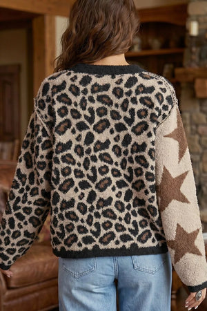 pullover sweater featuring leopard-print, animal-print, star in Mocha with 100% polyester Care instructions: Machine wash