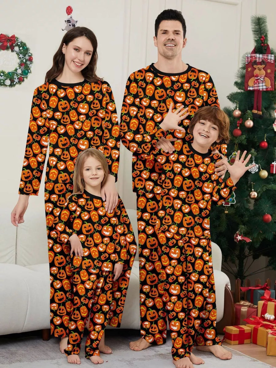 black pajama set with pumpkin-print and crew neck
