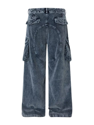 Blue corduroy cargo pants with textured fabric and functional pockets.