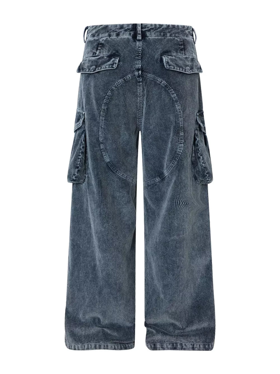 Blue corduroy cargo pants with textured fabric and functional pockets.