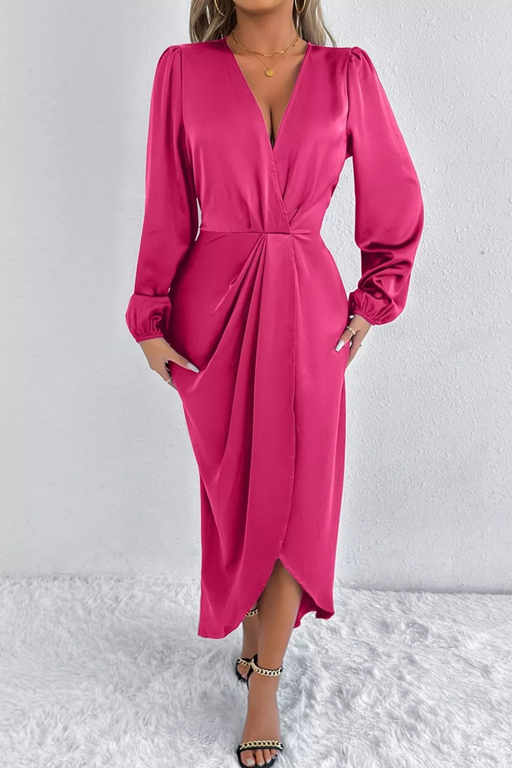 Satin Balloon Sleeve Midi Dress in olive green