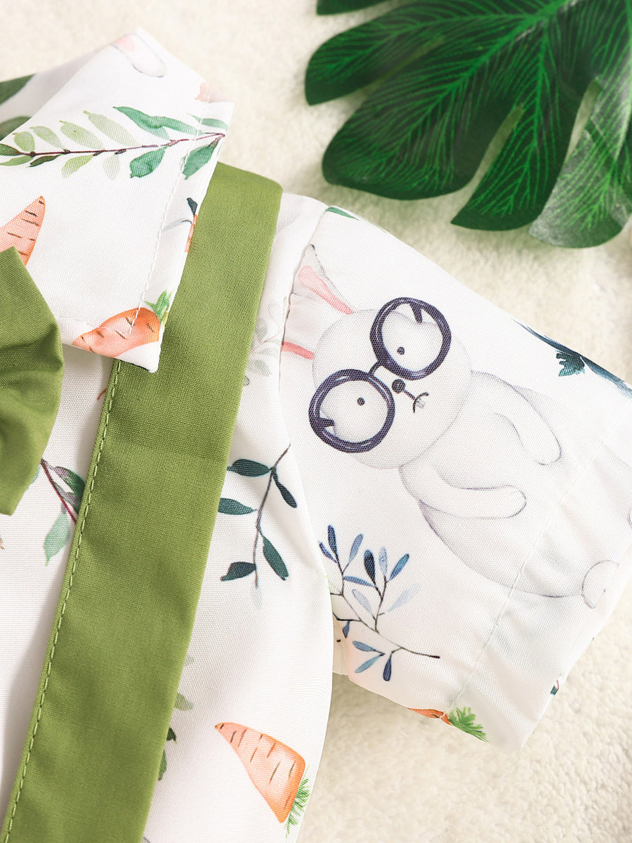 Baby shirt with bunny and carrot print, green trim, cotton.