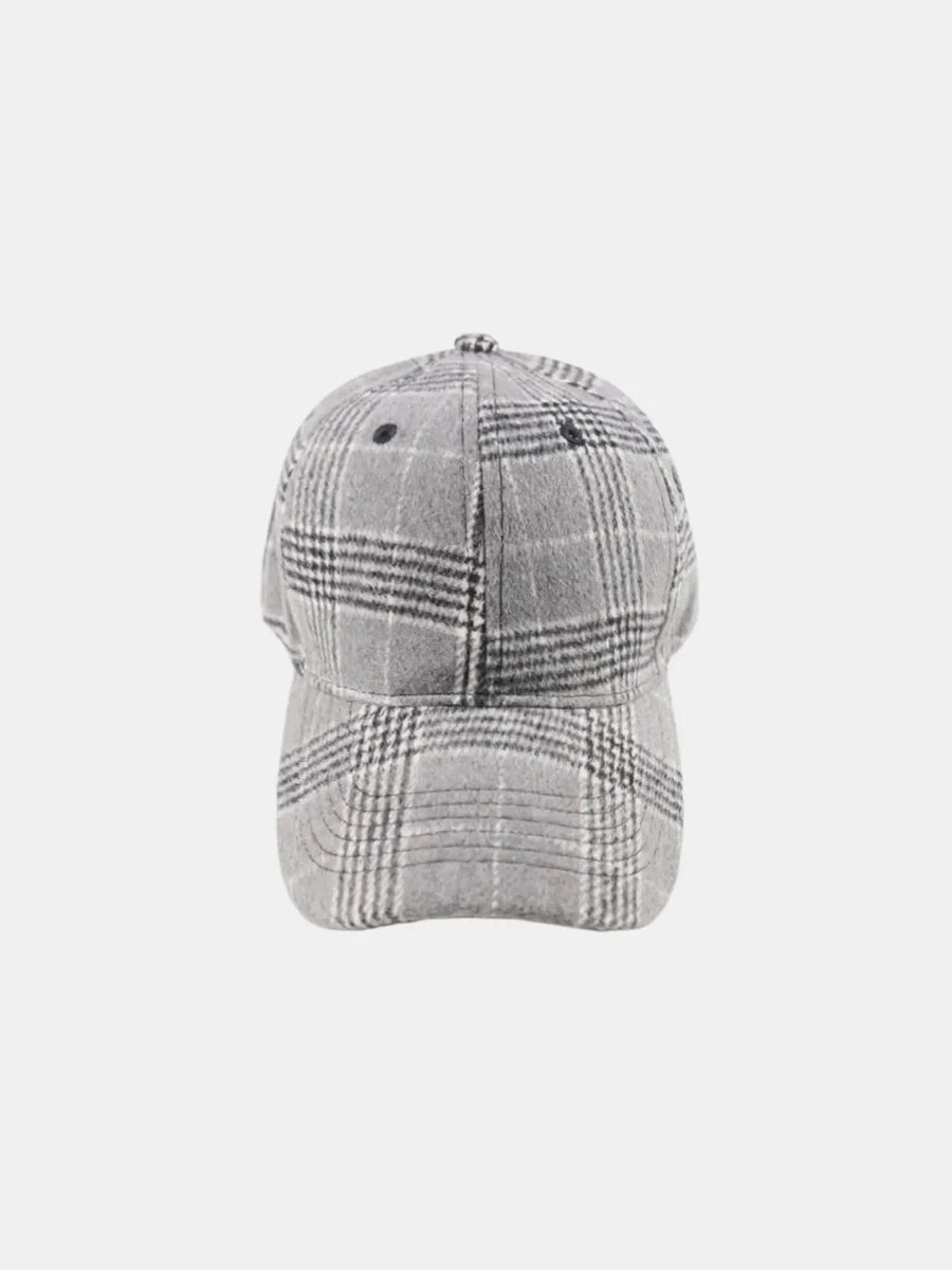 Gray plaid baseball cap with adjustable strap