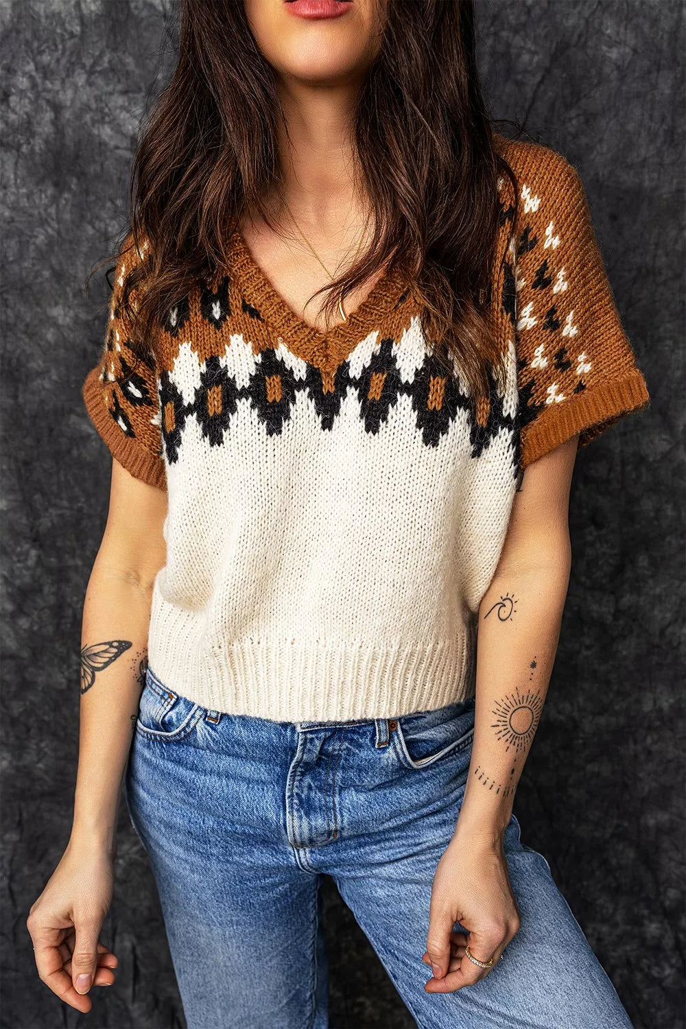brown v-neck sweater with geometric and v-neck