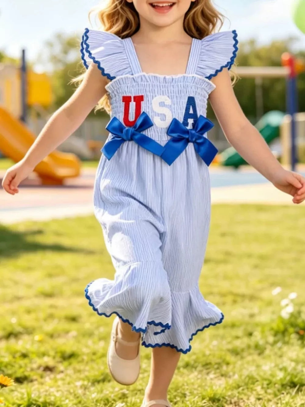 Children's Usa Themed Ruffled Sleeve Smocked Jumpsuit in Blue