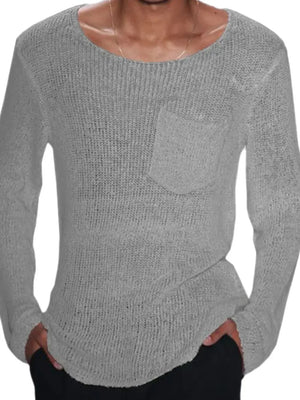 Gray slub knit sweater with scoop neck and chest pocket