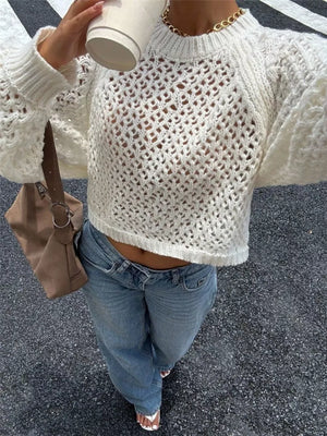Crochet Knit Raglan Sleeve Sweater in White