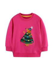 Children's hot pink cotton sweatshirt with Christmas tree applique dog and colorful polka dots.