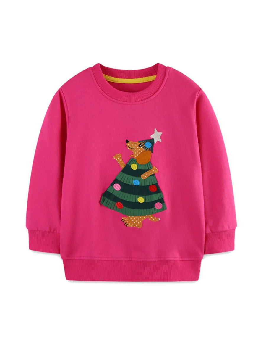 Children's hot pink cotton sweatshirt with Christmas tree applique dog and colorful polka dots.