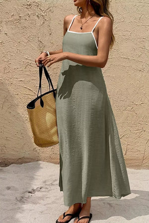 Matcha Green Spaghetti Strap Maxi Dress With Contrast Trim