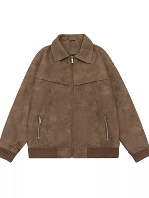 Brown suede bomber jacket with drop shoulders and zip pockets