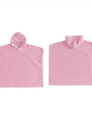 blue poncho featuring hooded and striped