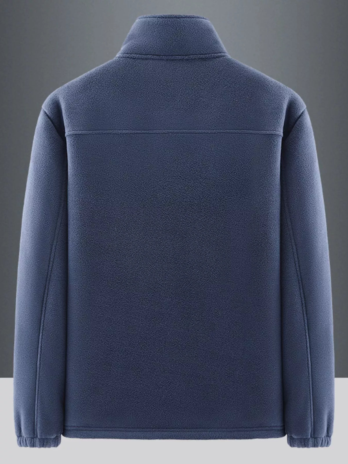 Men's dark blue fleece jacket with stand-up collar and horizontal seam detail across the back shoulders.