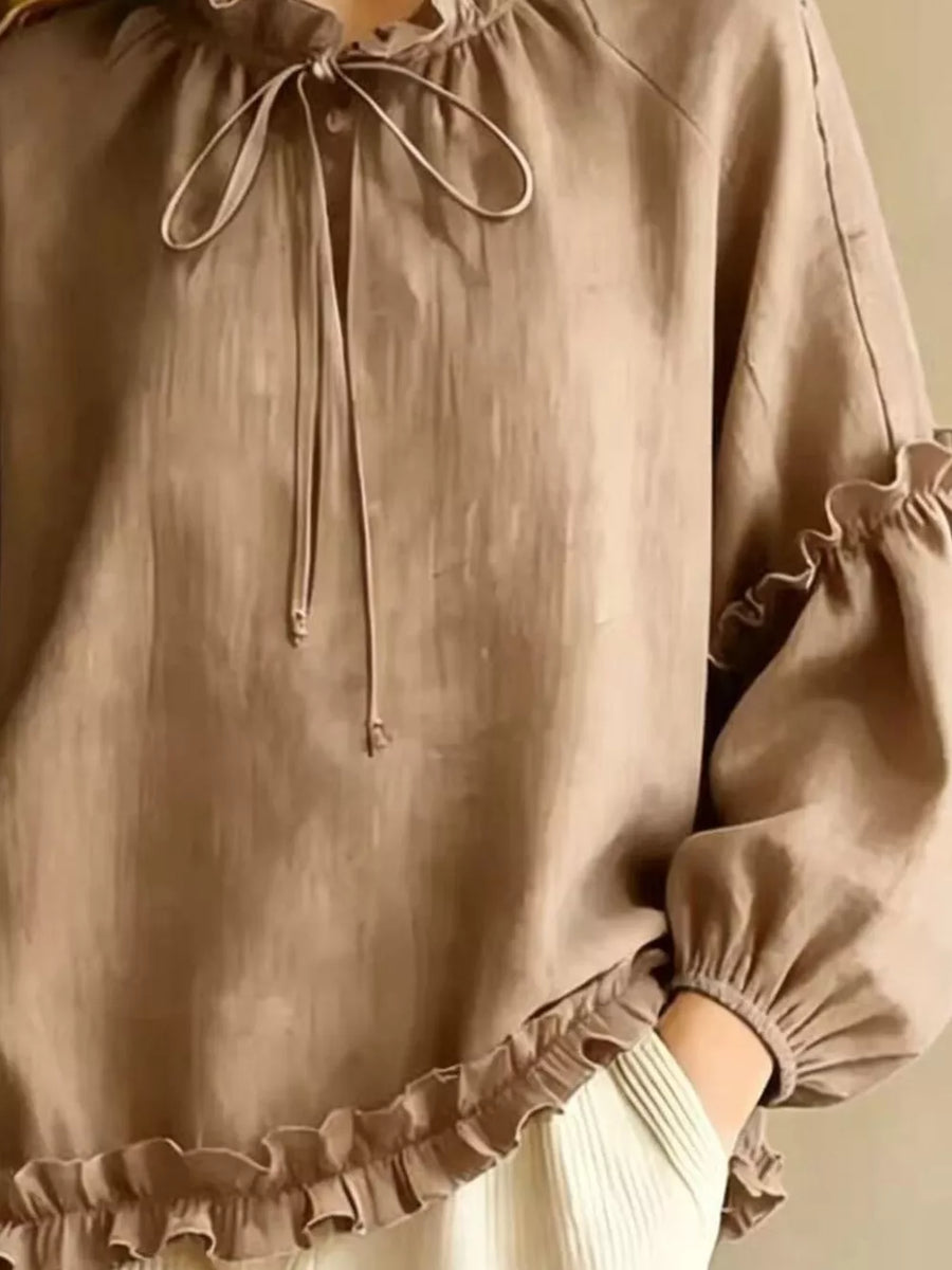 Frill Balloon Sleeve Blouse in Black with tied