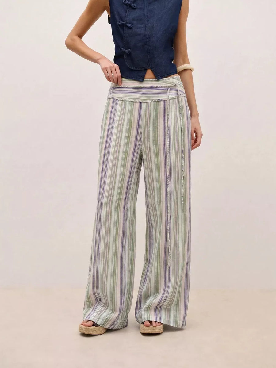 Blue with Striped Wide-leg Pants With Tie Waist