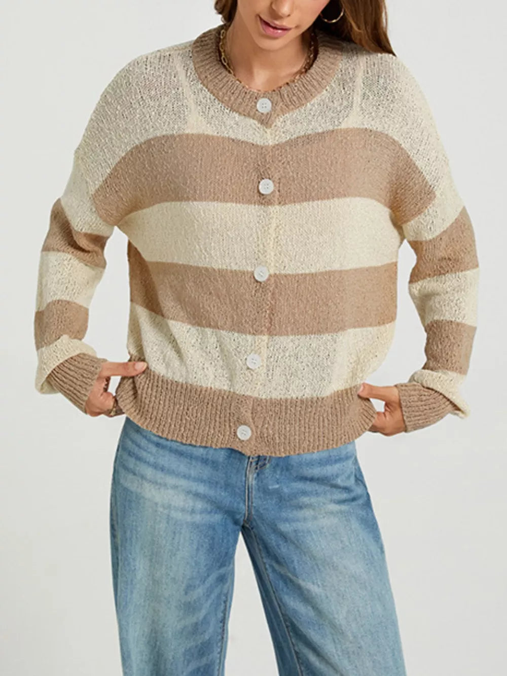 cardigan in Khaki with striped and ribbed