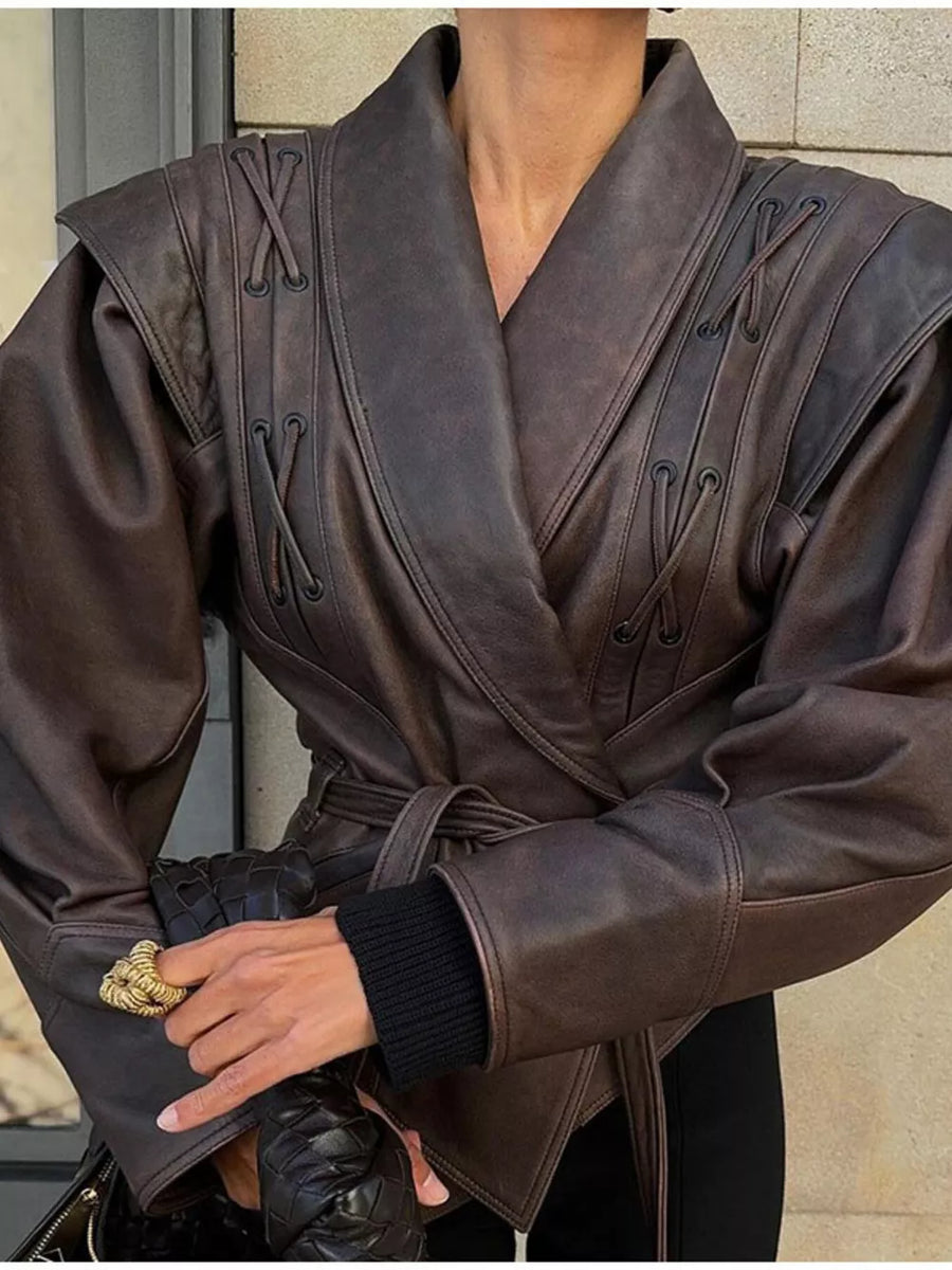 Belted Leather Jacket With Shawl Collar in Black