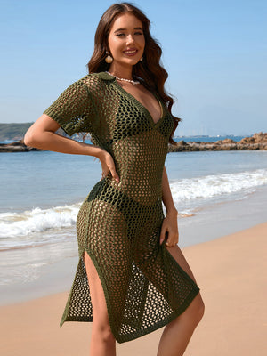 Open-knit collared beach midi dress in Matcha Green with short sleeves and side slits.