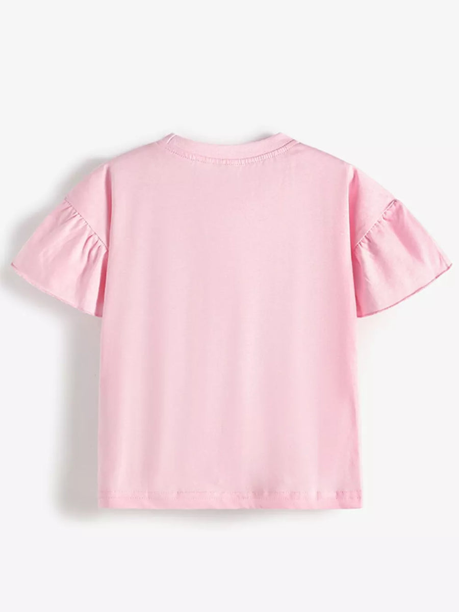 Toddler pink cotton t-shirt with ruffled short sleeves and crew neck.