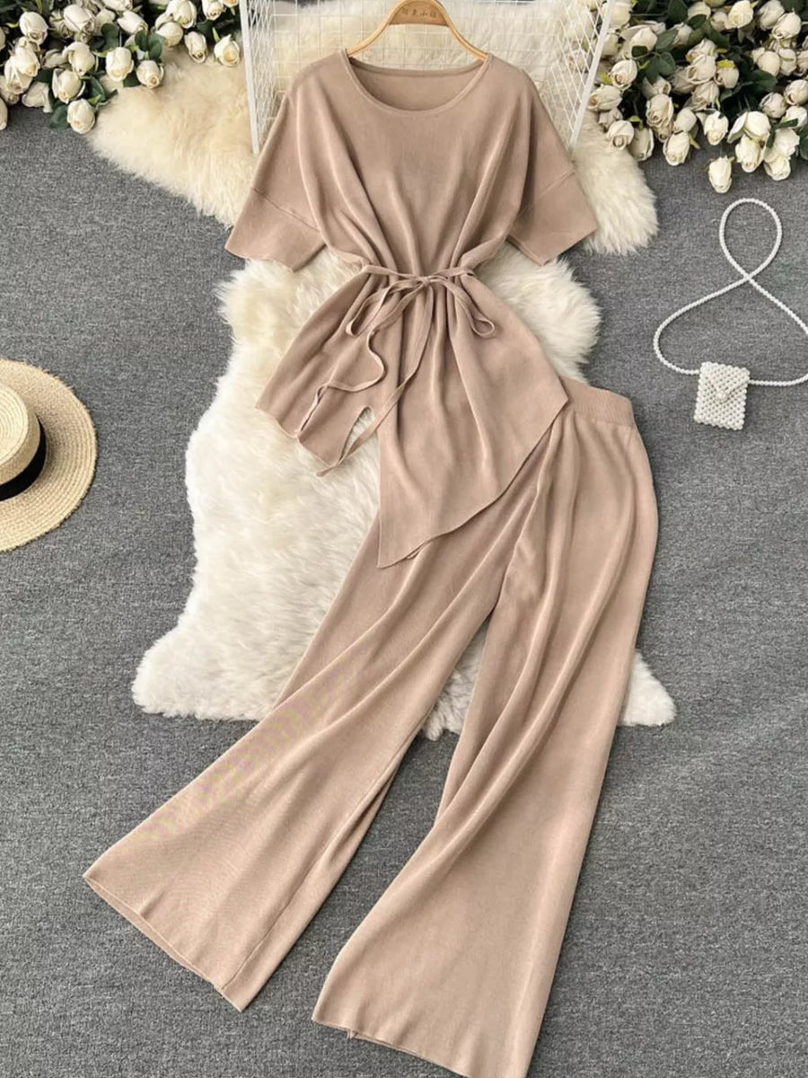 Apricot tied waist two-piece set with short sleeves and wide leg pants
