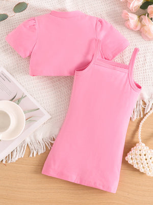 Pink toddler crop top with puff sleeves and matching tank dress set.
